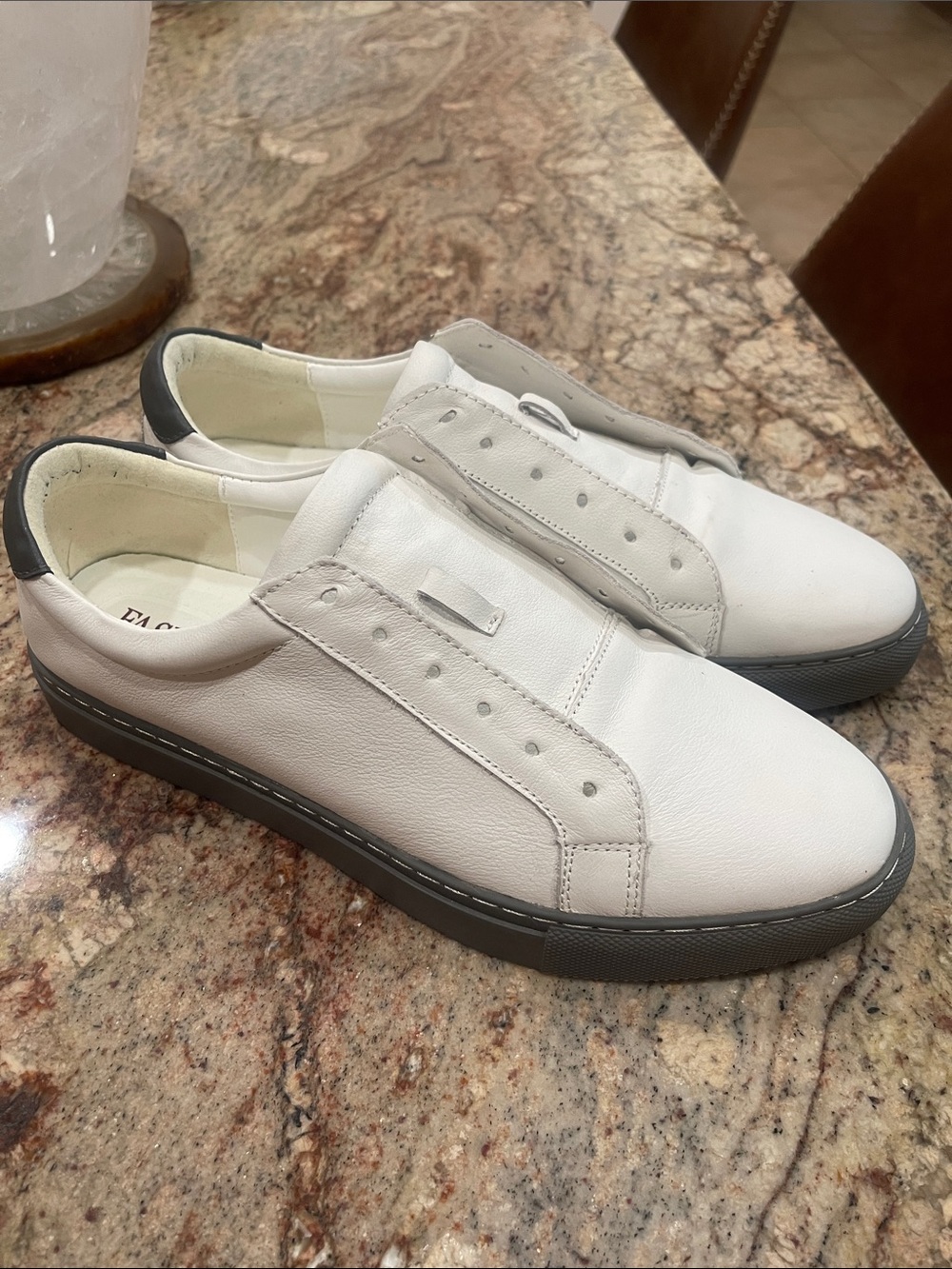 Men's White Leather Slip-On Sneakers with Gray Sole S:12